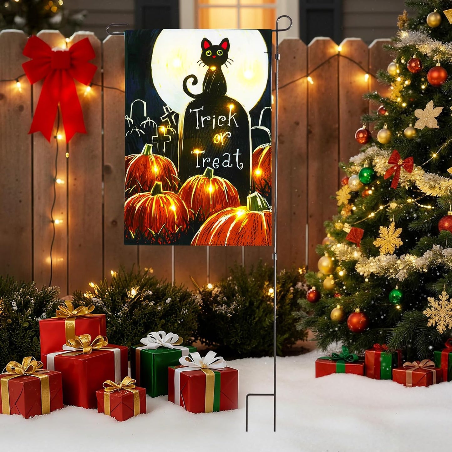 Solar Lighted Christmas Black Cat & Pumpkin Garden Flag Stake, Double-Sided Outdoor Yard Decor, LED Flag for Patio Lawn Thanksgiving Party Winter Holiday Decorations & Gifts