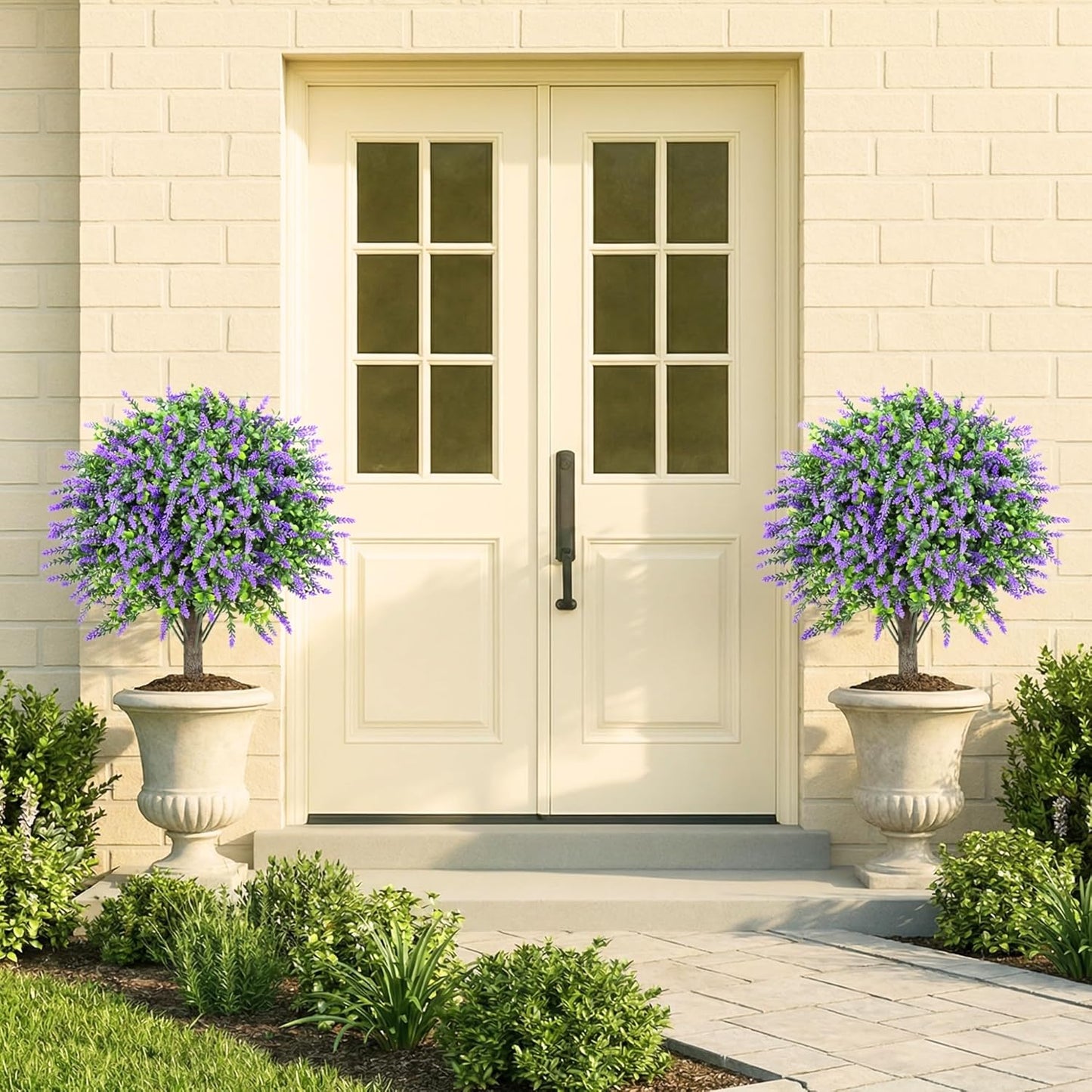 Artificial Boxwood Topiary Balls with Lavender – 24" Set of 2 Faux Shrub Bushes, Evergreen Trees with Ground Spike & Garden Tools – UV Resistant Faux Plants for Outdoor Planters, Porch & Front Door