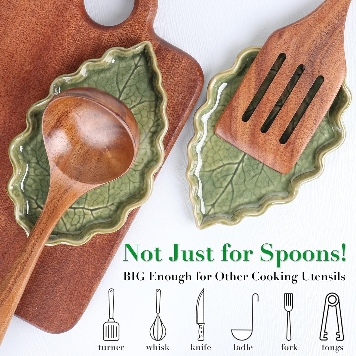 Ceramic Spoon Rest for Stove Top - Cute Green Leaf Shaped Spoon Rest/S