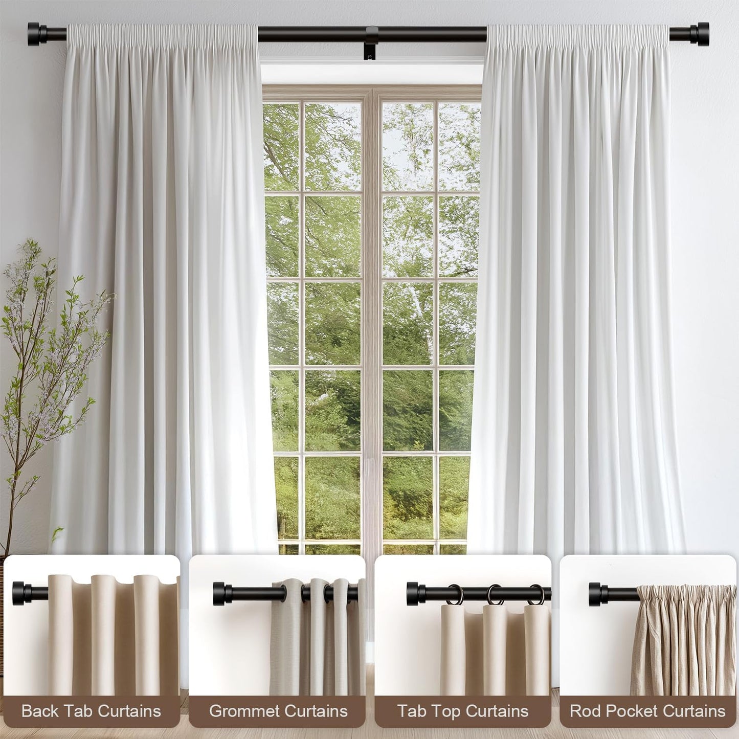 Black Curtain Rods for Windows 48 to 84 Inches Adjustable Heavy Duty 1" Diameter Window Curtain Rod with Decorative Finials for Outdoor Farmhouse Bedroom Kitchen Living Room