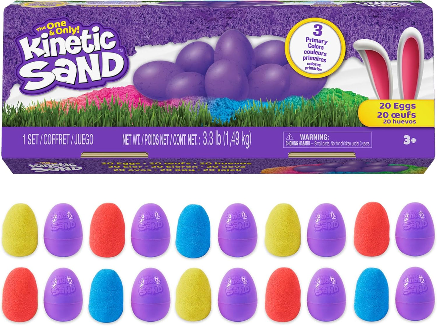 Kinetic Sand, 20-Pack Eggs, Easter Basket Stuffers, Includes 3.3lbs (3 Colors) Moldable Play Sand for Egg Hunts, Sensory Toys, Party Favors & Goodie Bags
