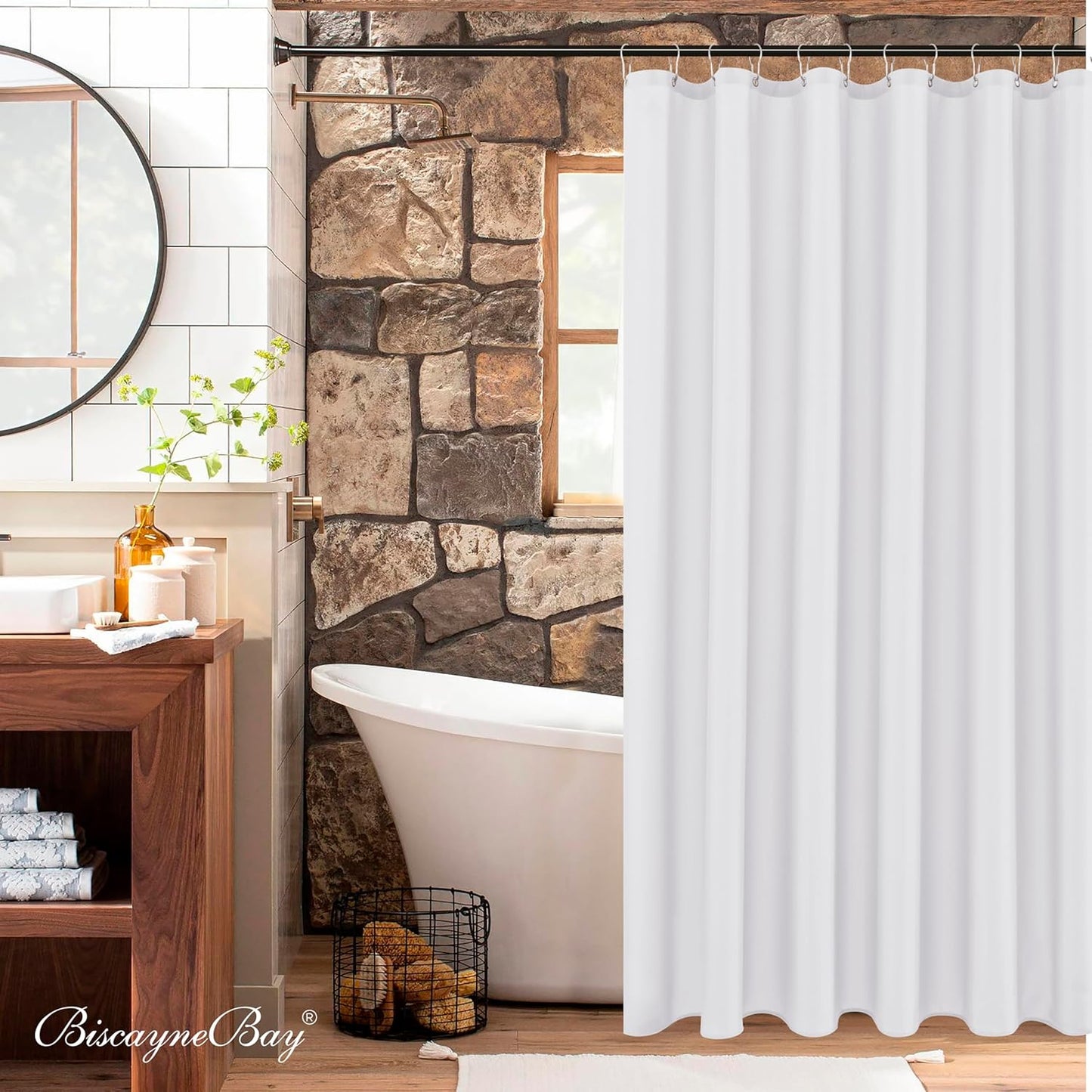 Biscaynebay Hotel Quality Fabric Shower Curtain Liners 72" X 72", White Water Resistant Bathroom Curtains Rust Resistant Grommets Weighted Bottom Hem Machine Washable