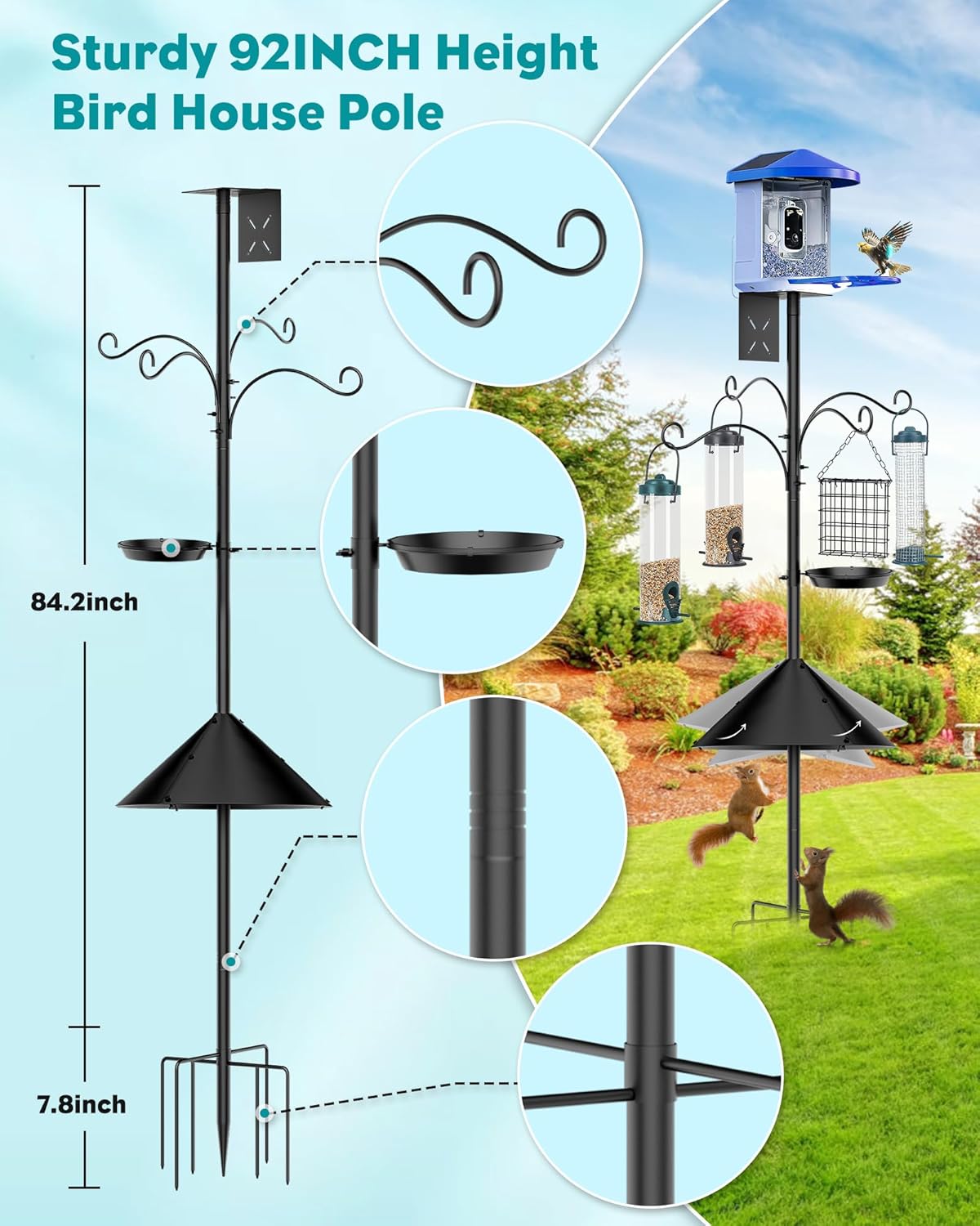 Bird Feeder Pole 92 Inch, Bird Squirrel Proof Baffle Heavy Duty Stand Feeding Station for Outside Backyard Garden Wild Birds Watching