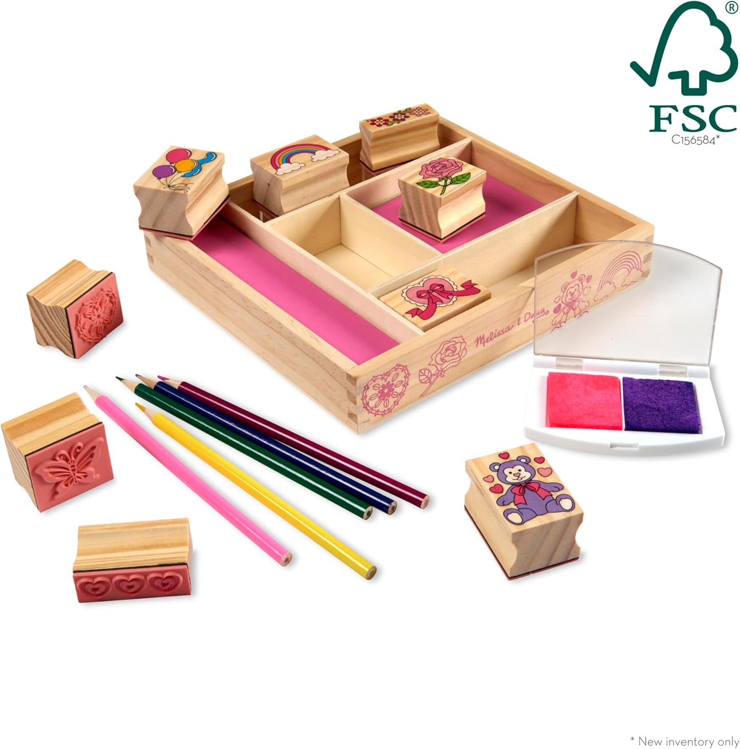 Melissa & Doug Wooden Stamp Set: Friendship - 9 Stamps, 5 Colored Pencils, and 2-Color Stamp Pad - FSC Certified