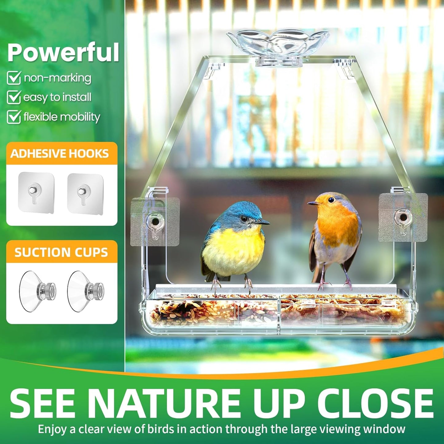 Large Window Bird Feeder with 2 Strong Suction Cups & 2 Non-Marking Adhesive Hooks, Clear View Bird Watching Gift for Bird Lovers & Cats, Bird House-Shaped Design Decor