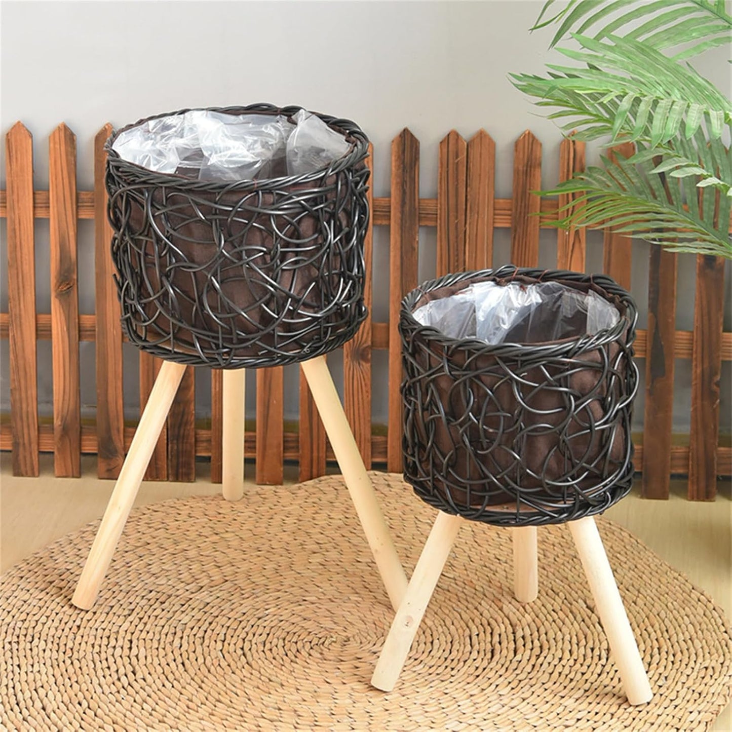 Rattan Plant Stand Stool with 3 Wood Legs Balcony Flower Pots Display 