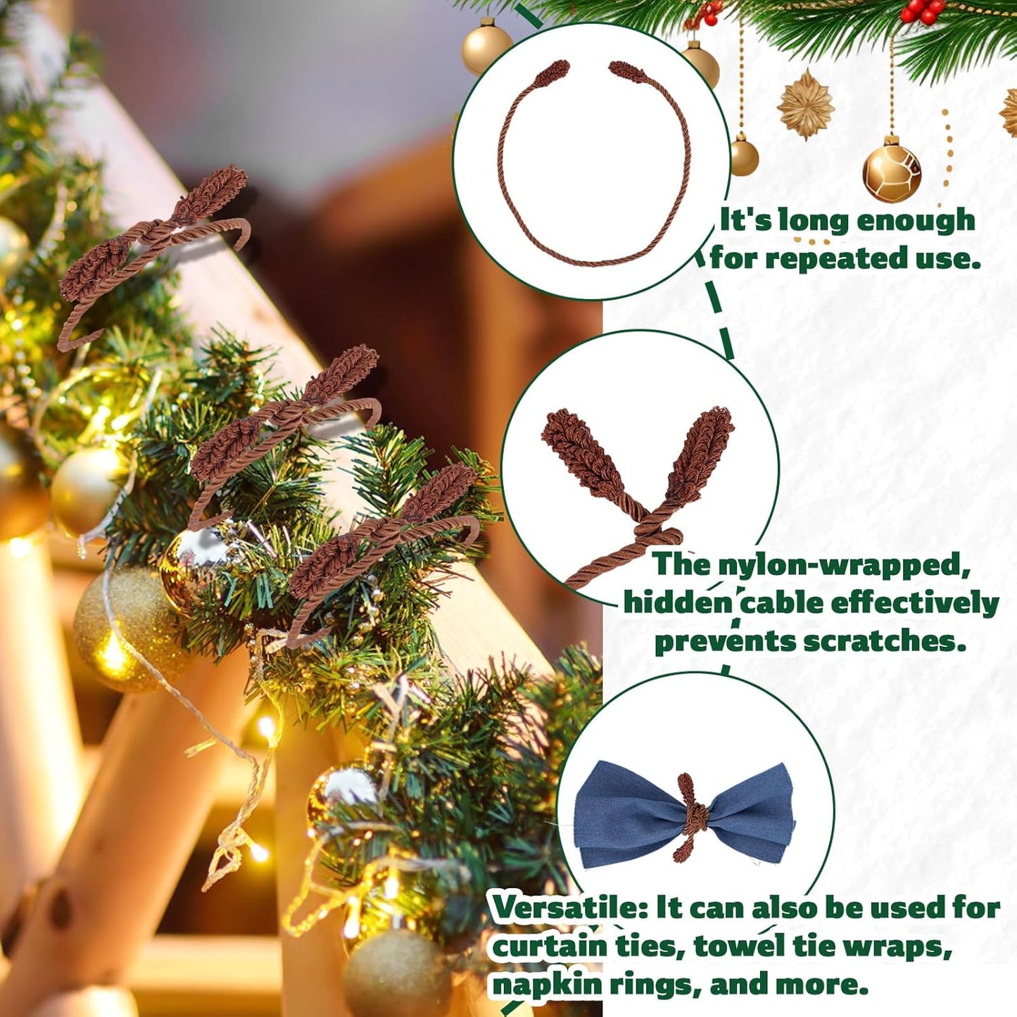 16pcs Christmas Garland Ties, 20 Inch Long Christmas Wreath Ties Holiday Flexible Garland Xmas Railing Clips Holder Hangers Reusable Decorative Banister Twist Tool for Party Home Decor (Brown)