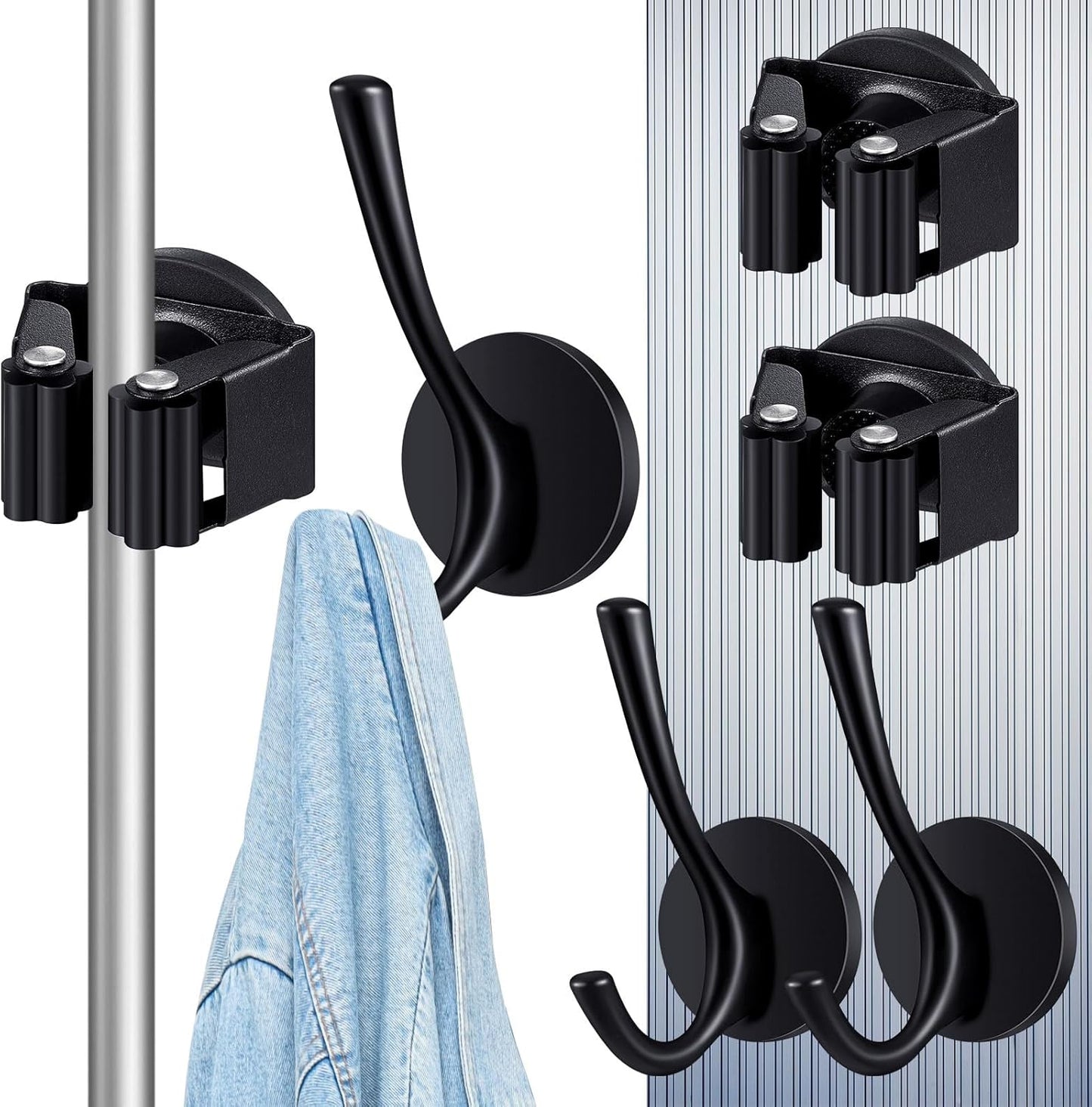 4 Pcs Magnetic Double Hooks Magnetic Coat Hooks Magnetic Mop Broom Holder Movable Magnetic Broom Holder Rack for Garage Kitchen Laundry Garden