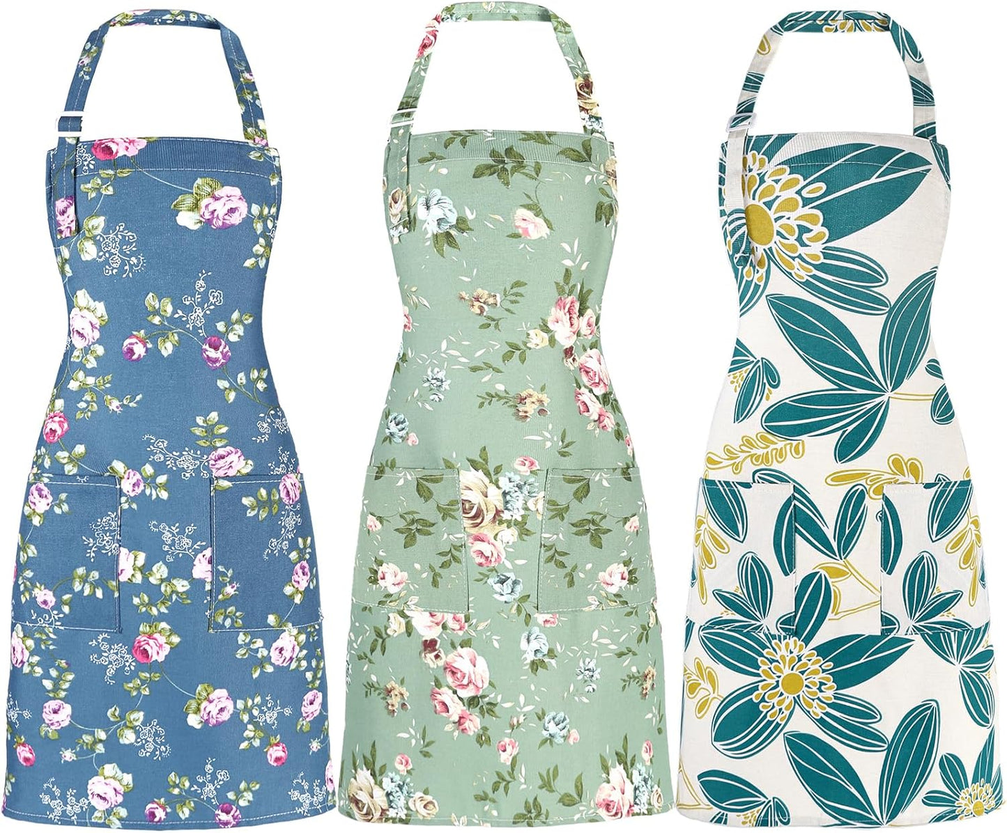 Apron for Women with Pockets, 3 Pcs Floral Print Canvas Apron with Adj