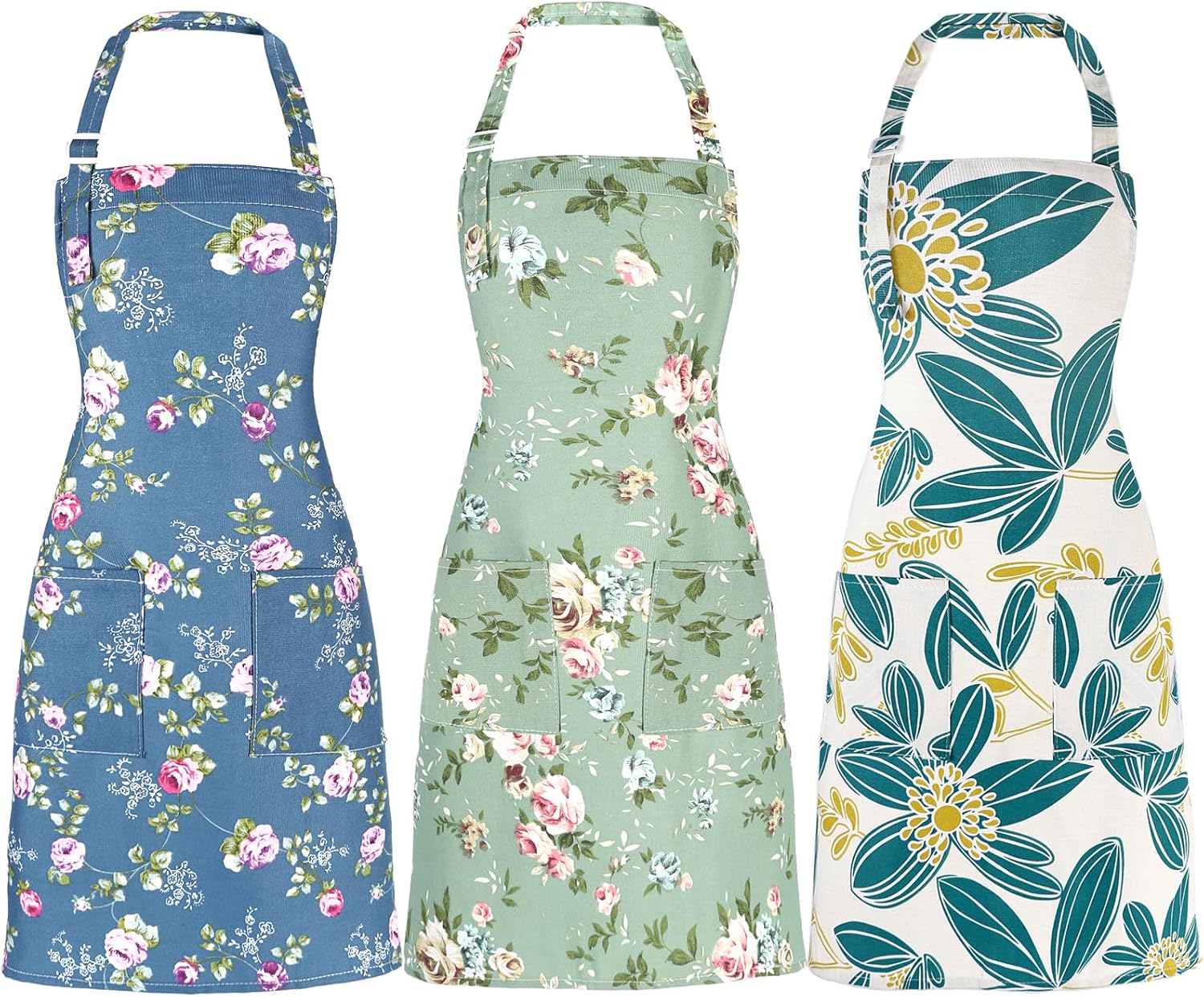 Apron for Women with Pockets, 3 Pcs Floral Print Canvas Apron with Adj