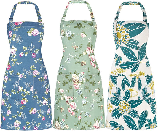 Apron for Women with Pockets, 3 Pcs Floral Print Canvas Apron with Adj