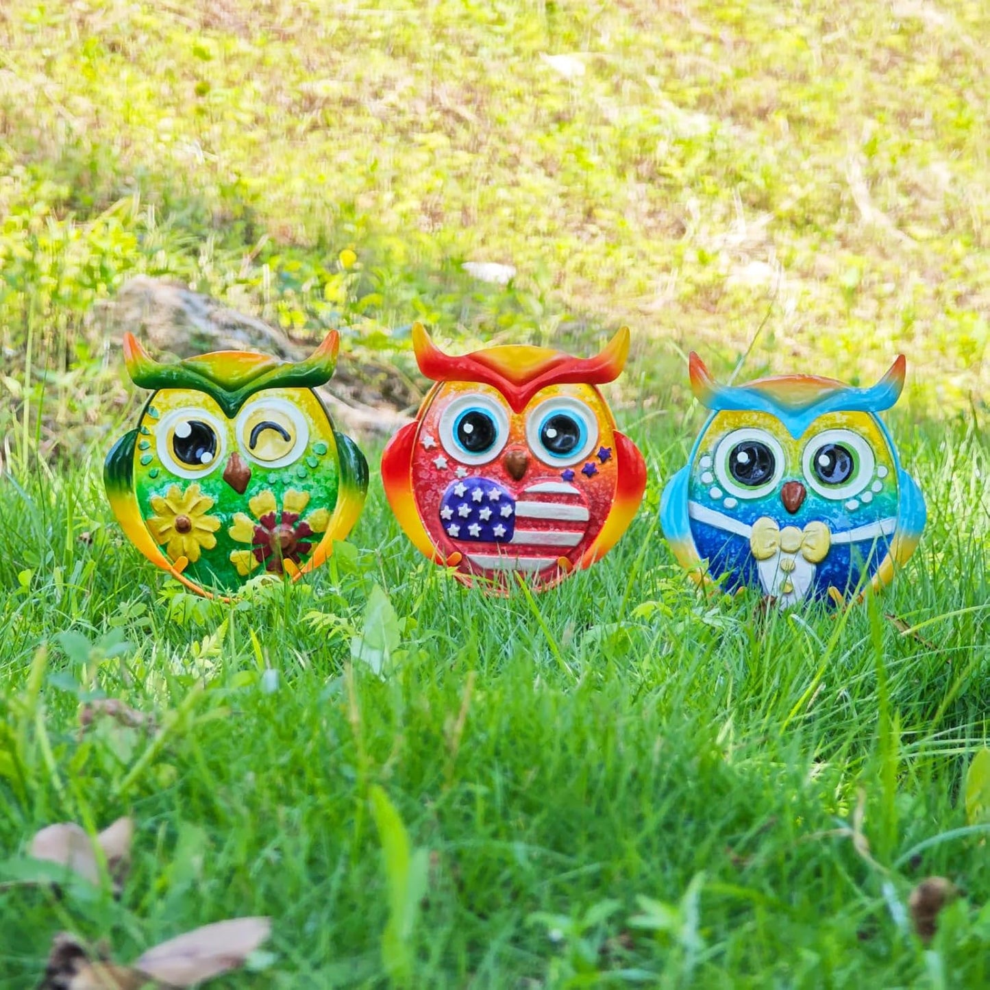 Owl Garden Decor for Outside, 3 Pack Metal & Glass Owl Yard Art, Lawn 
