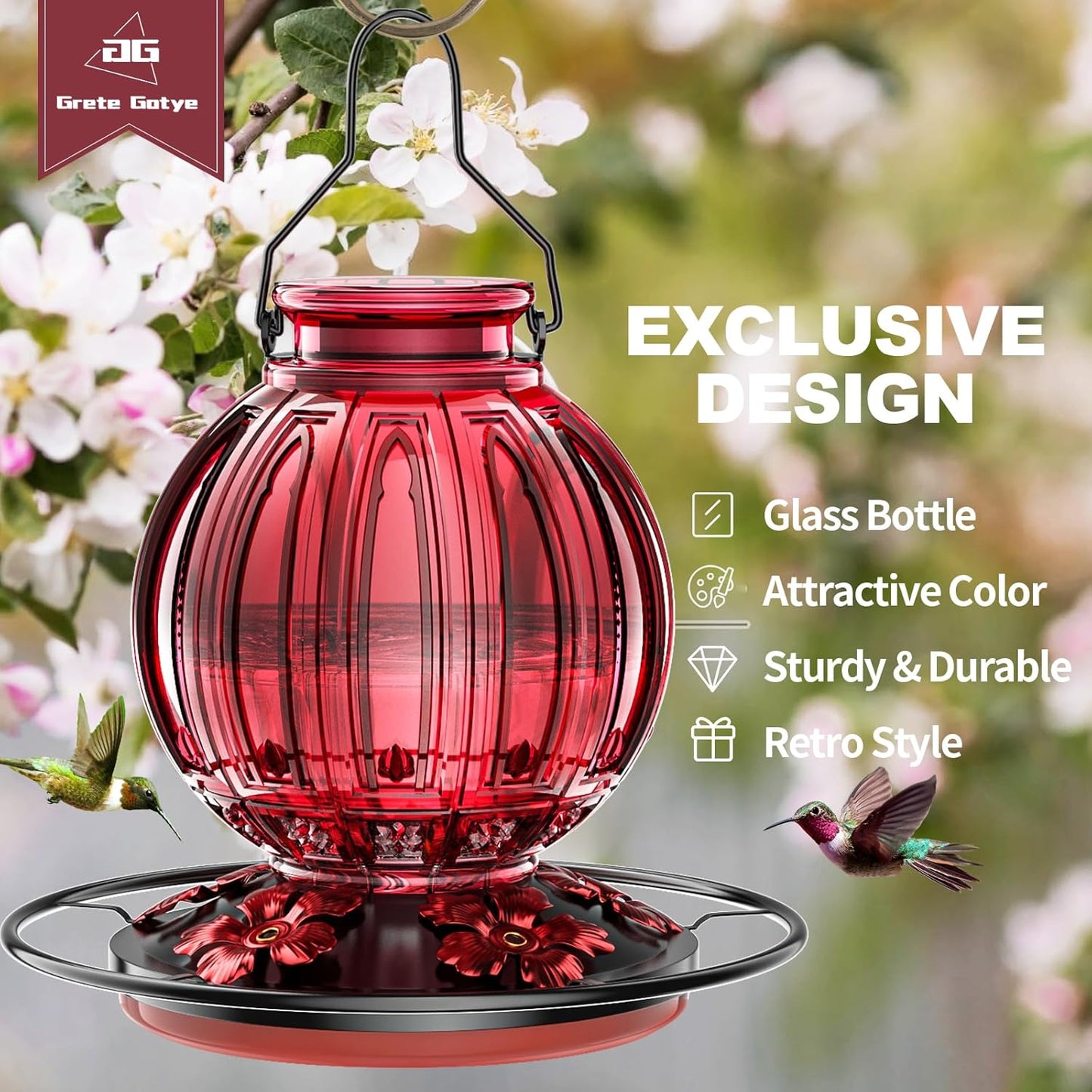 Glass Hummingbird Feeder for Outdoors Hanging, 26Oz Bird Nectar Feeder