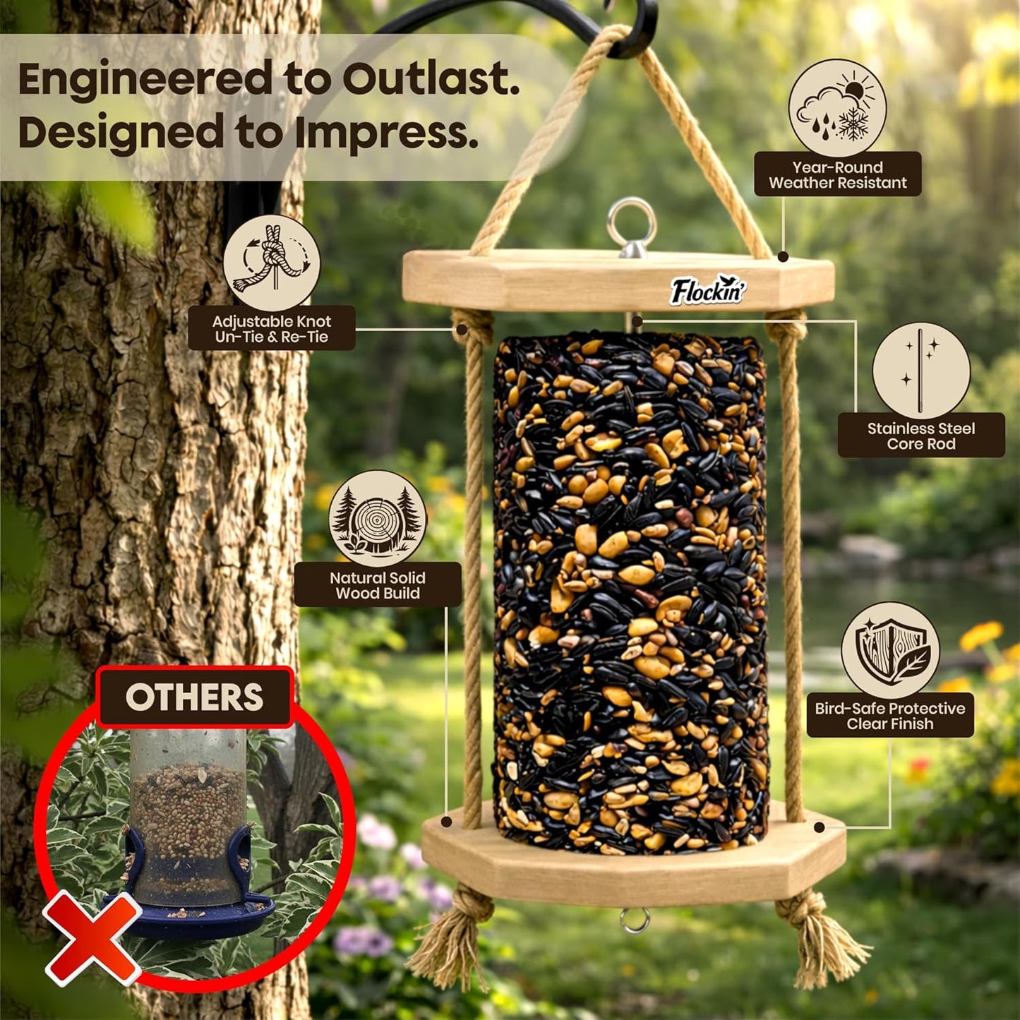 Cylinder Bird Feeders for Outdoors - Weather Resistant Wood Cylinder Feeder with a Bird Safe Protective Clear Finish - Holds Bird Seed Cylinders with Hole, Logs, & Birdseed Cakes
