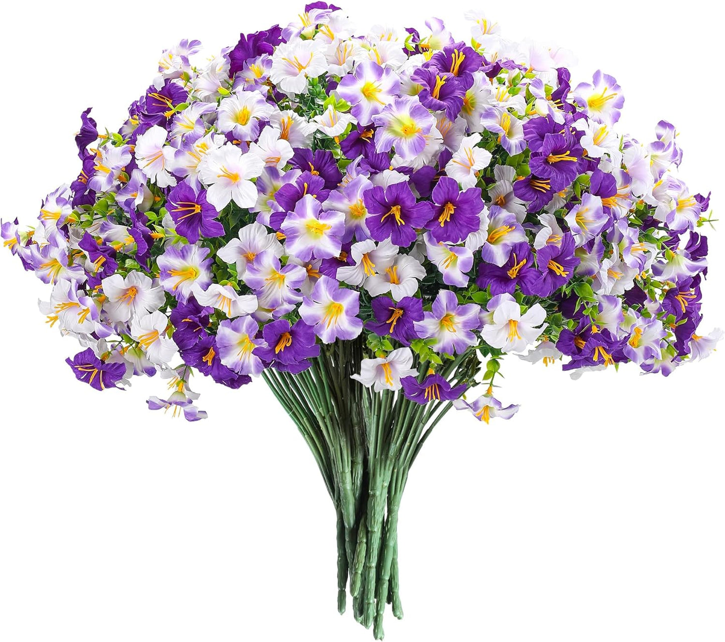 10PCS Outdoor Faux Petunia Flowers UV Resistant Artificial Fake Flowers Greenery Eucalyptus Plants for Spring Summer Garden Patio Window Box Planter Home Decor (Purple White)