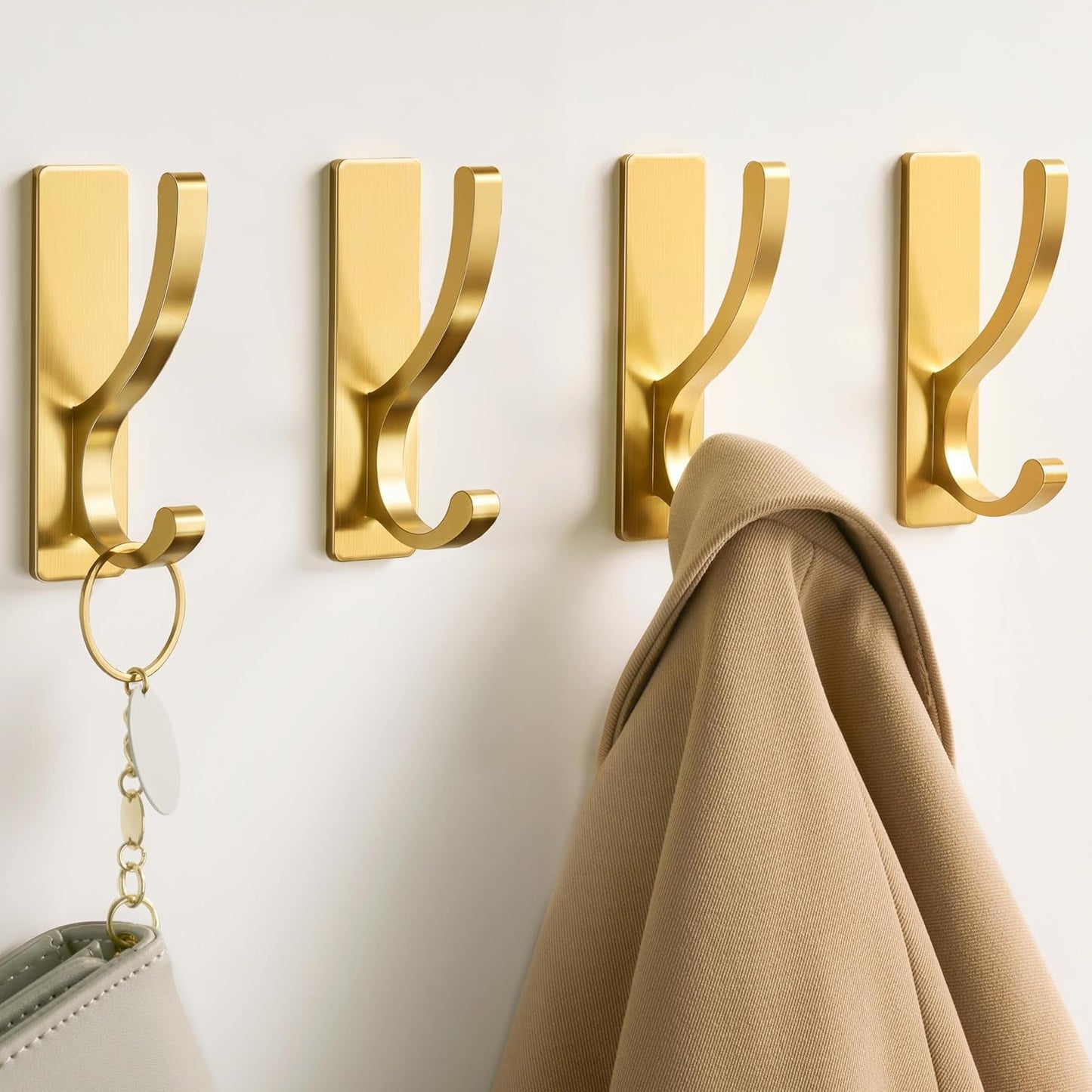 pickpiff Adhesive Wall Hooks for Towels - Sticky Hook Hanging Heavy Duty (13lb), Hanger for Door, Bathroom, Dorm, Closet - for Coats, Purse, Bag, Robe - No Damage to Wall - Gold 4 Pack