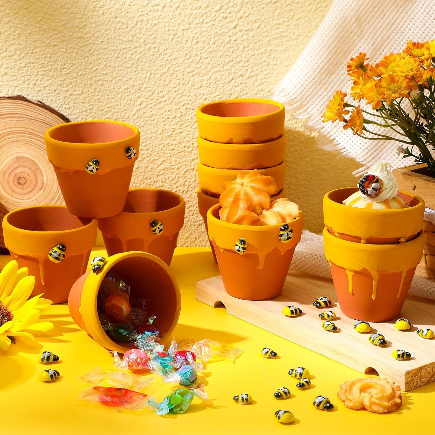 Yungyan 48 Pack Mini Honey Bee Pots with Bee Charms for Cupcake Planter Ceramic Honey Jars for Baby Shower Guests Wedding 1st Birthday Party Favors (Cute Style)
