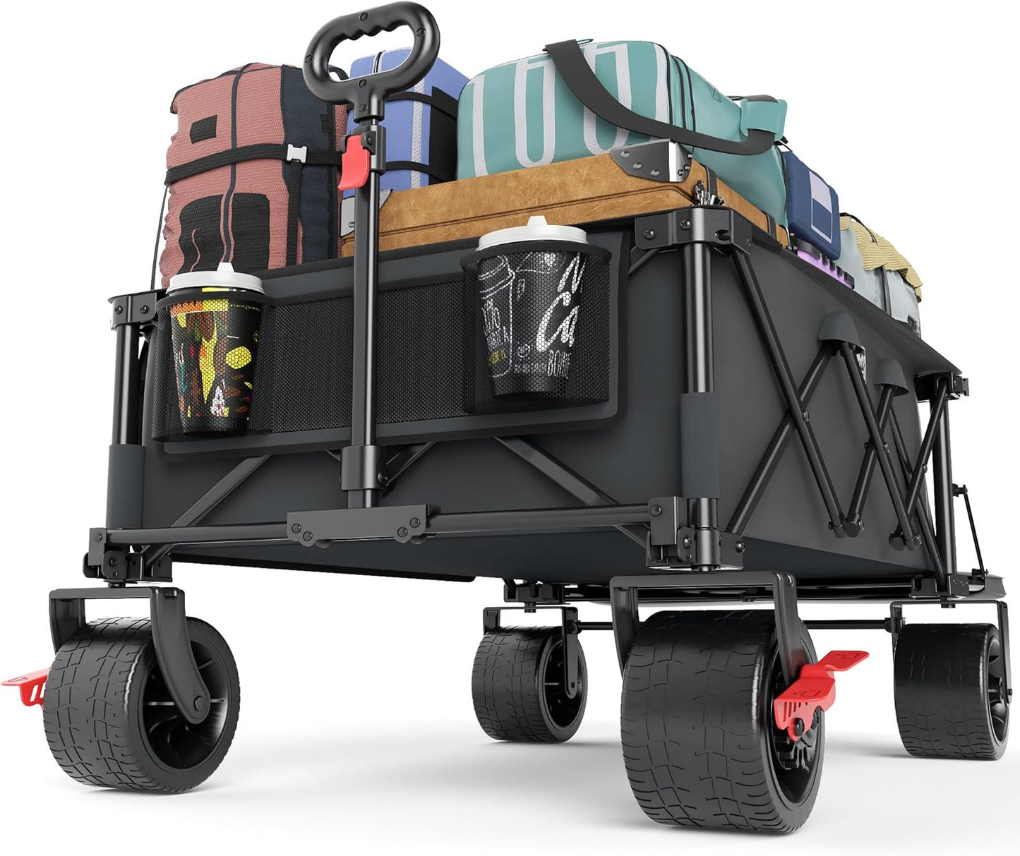 TIMBER RIDGE 600L Beast Wagon 26" W Extra Wide All Terrain Folding w/Big Wheels, Cargo Net & Tailgate, 26" W and 55.25" L, Capacity and 500lbs Heavy Duty Collapsible Portable Cart, Grey