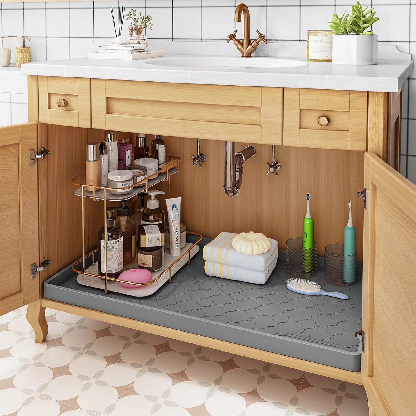 Jin&Bao Waterproof Under Sink Mat 34" x 22", Thick Silicone Mat Cabine