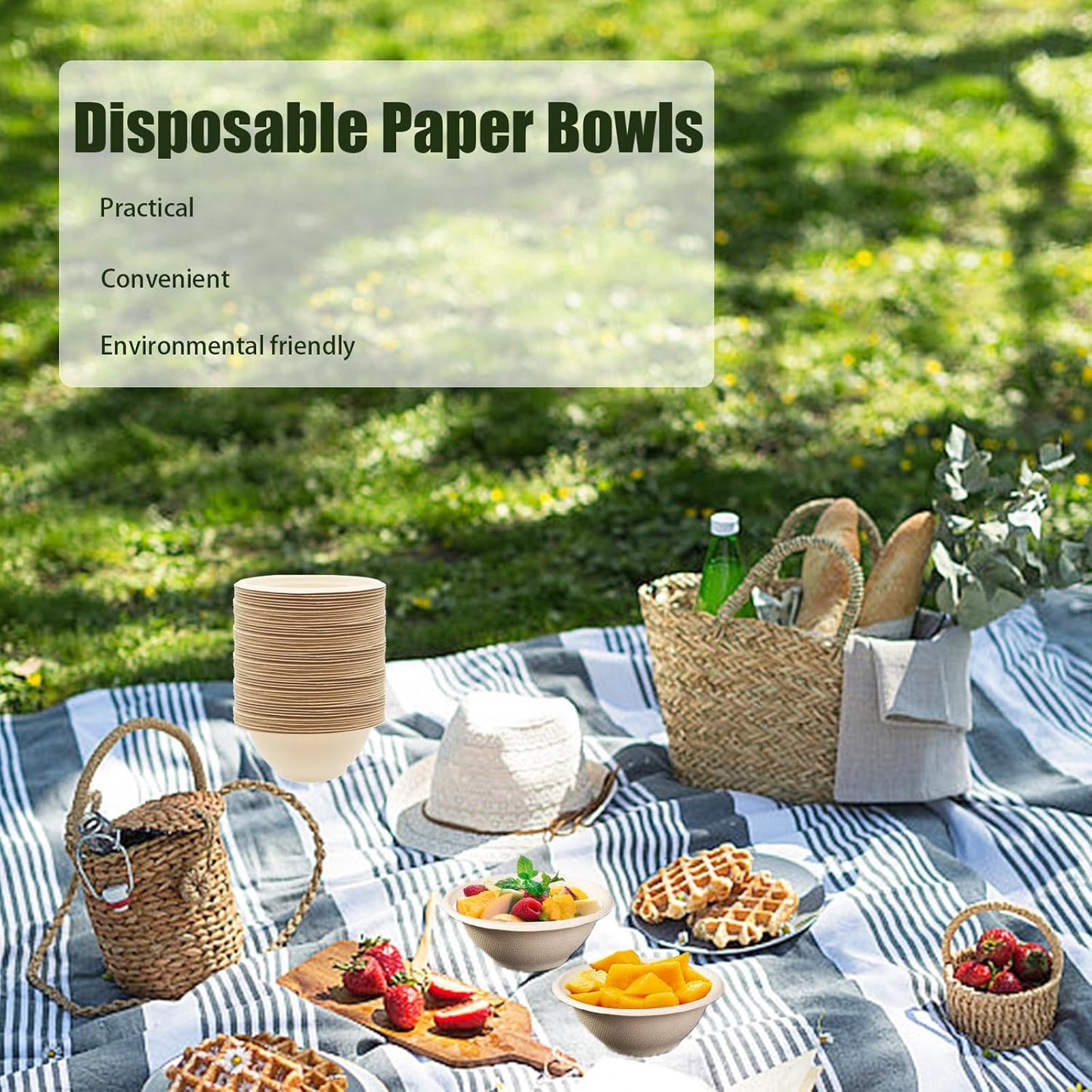100 Pack 8oz Compostable Paper Bowls,Heavy-Duty Disposable Natural Bag