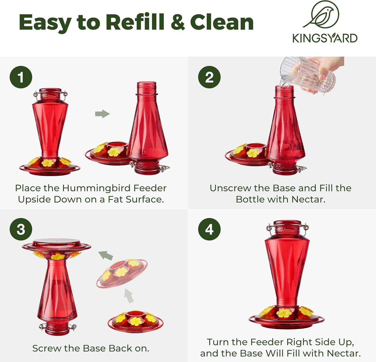 Kingsyard Glass Hummingbird Feeders for Outdoors Hanging Ant & Bee Proof, 16 Ounces Bird Nectar Feeder 6 Flower Feeding Ports, Leak Proof, Easy to Refill & Clean, Ant Moat Included, Red