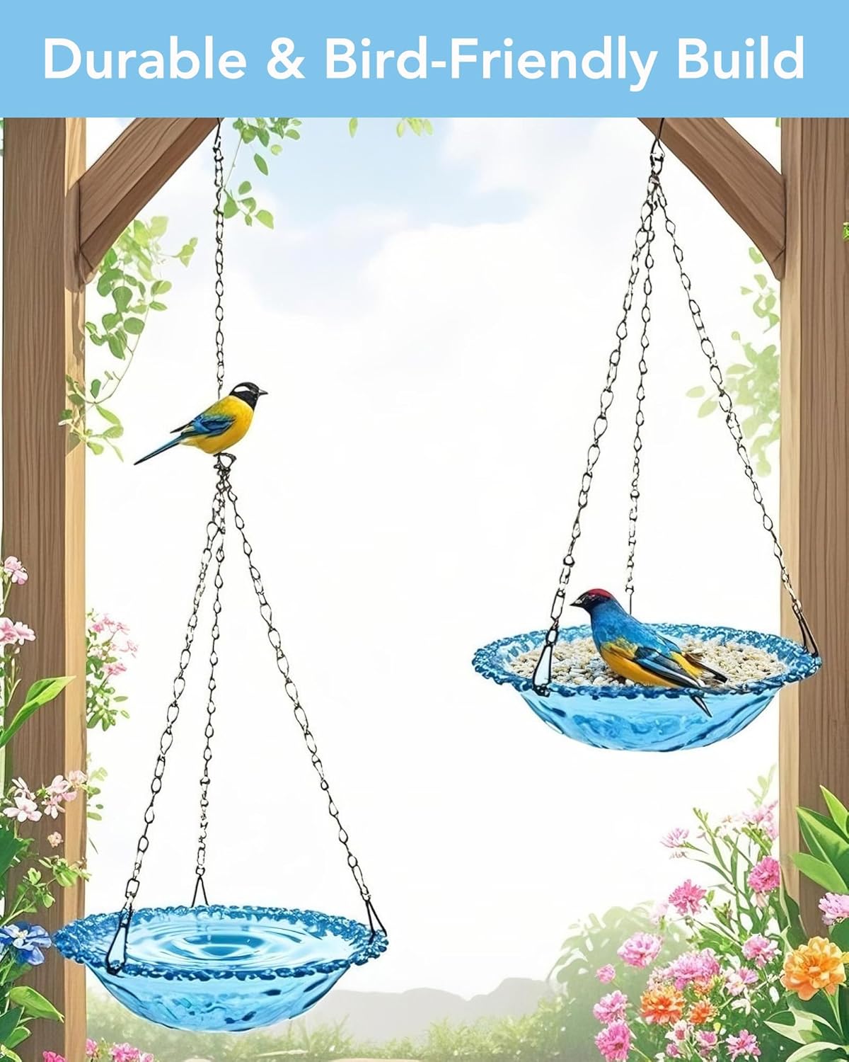 2 Pack Hanging Bird Baths and Feeders for Outdoors, Plastic Bird Bath Bowl & Hanging Feeder for Garden Yard Decor,Nature Blue