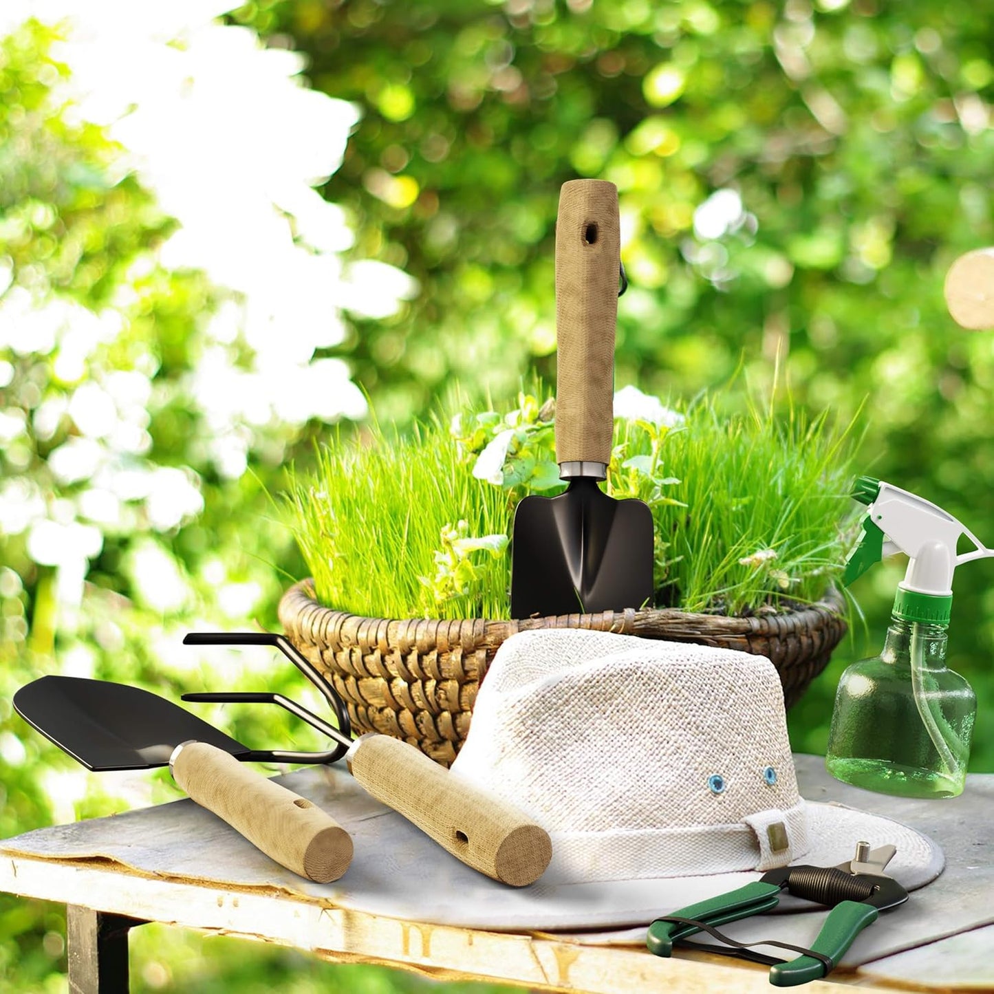 8-Piece Garden Hand Tool Set - Canvas Tote Gardening Tool Kit with Snip, Pruner, Rake, Trowel, Shovel, Spray Bottle, and Soft Wire Tie by Pure Garden