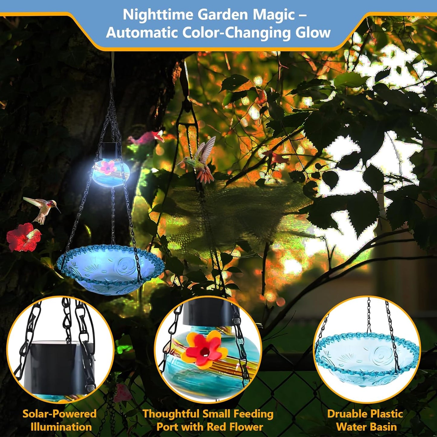 Hummingbird Feeder with Solar Light, Outdoor Hanging Glass Bird Feeder for Garden Patio, Solar Powered Lantern Design, Decorative Nectar Feeder