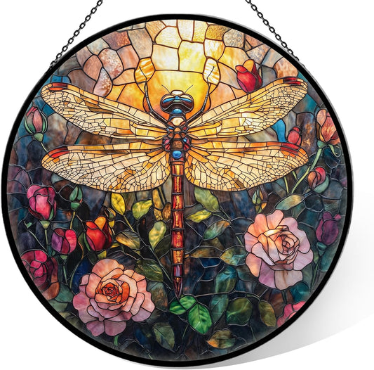 Dragonfly Stained Glass Window Hanging, 7.9" Dragonflies Plant Decor Suncatcher, Dragonfly Gifts for Women, Dragonflies Decor Handmade Suncatcher for Garden Home, Christmas Birthday Housewarming Gifts