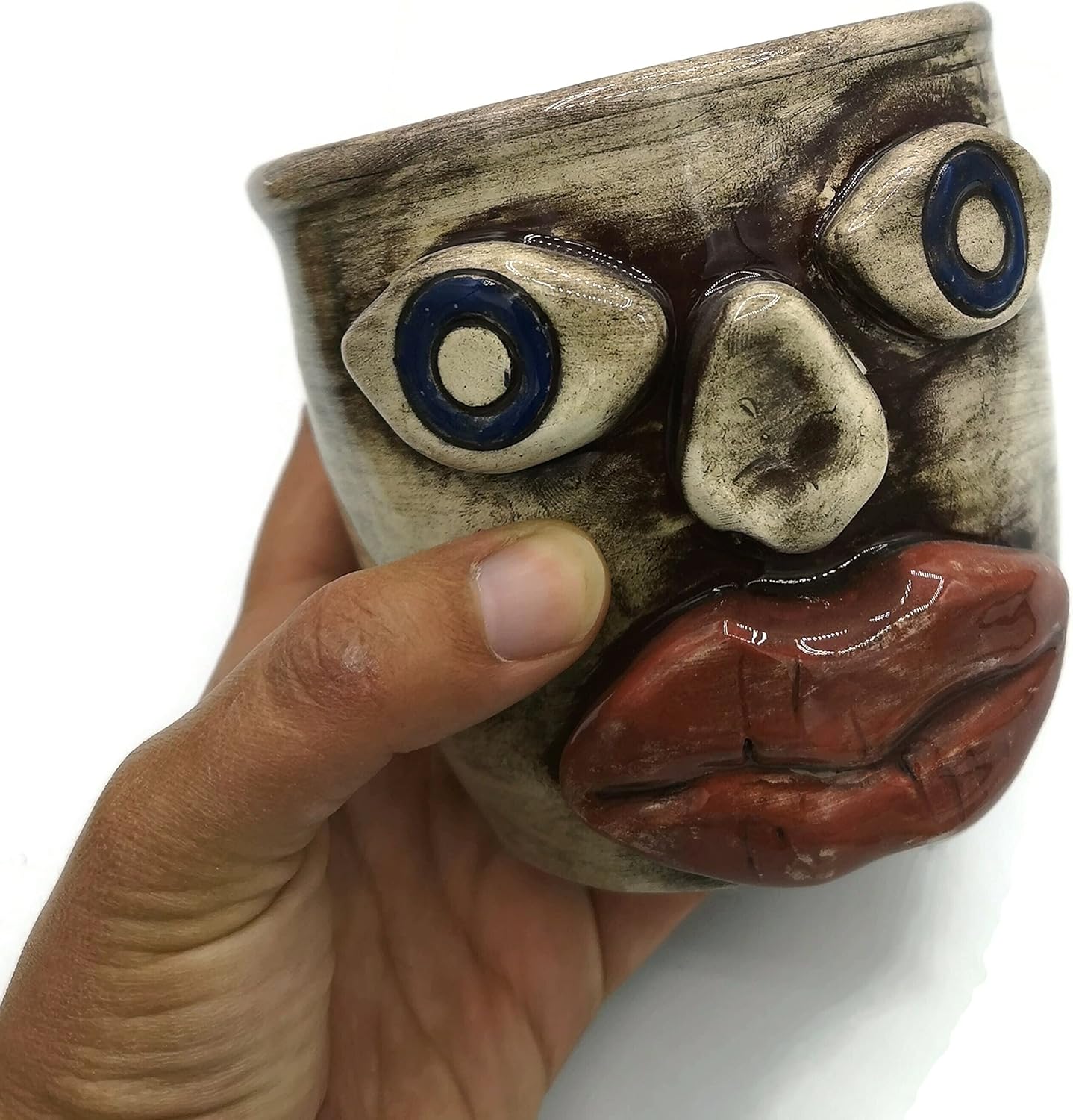 Sculptural Ceramic Planter Pot with Face, Ethnic Office Desk Accessories for Men