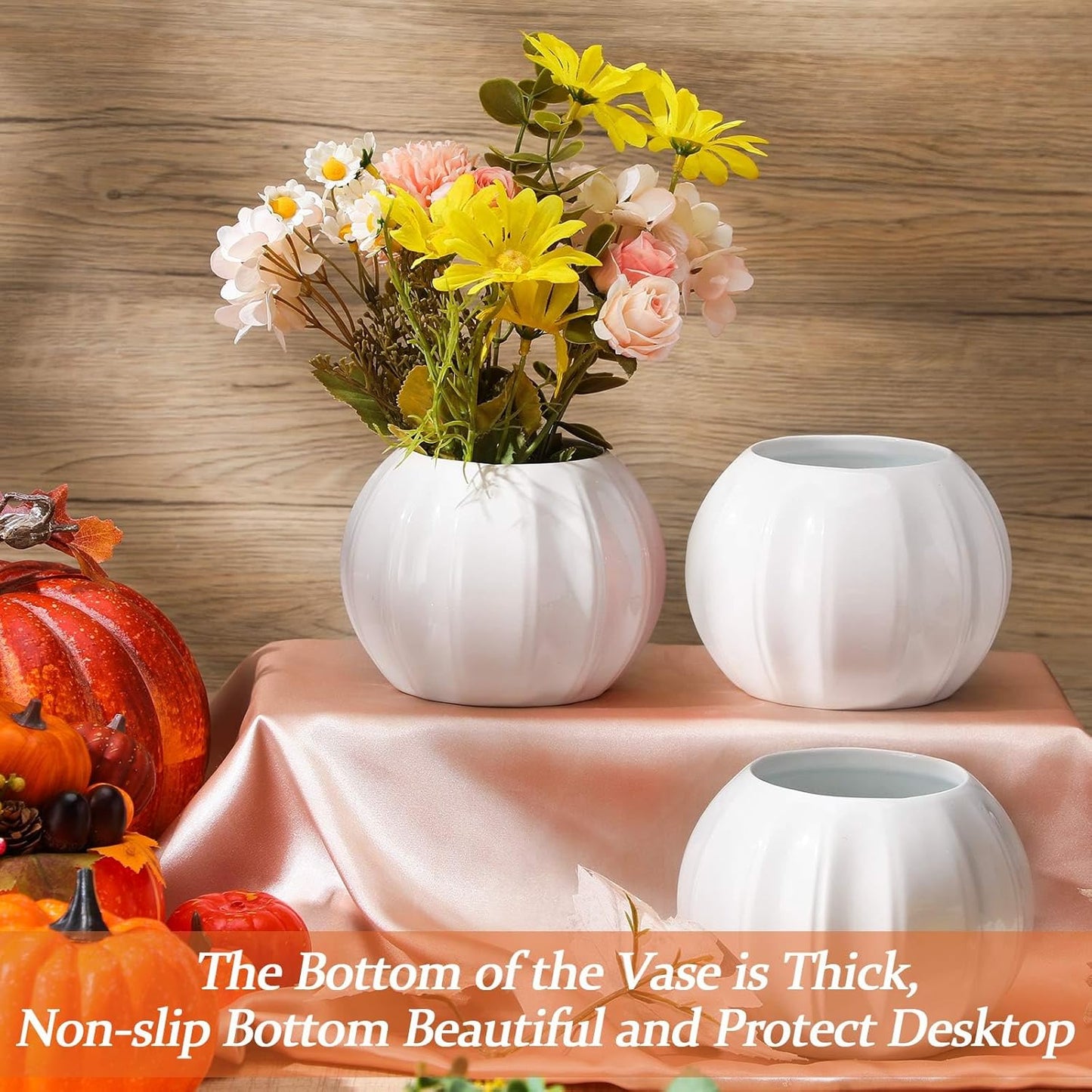 Sieral 3 Pcs Pumpkin Shape Ceramic Vase Fall Flower Vase 5.5 Inch White Ceramic Vase Pumpkin Flower Pot for Fall Thanksgiving Party Home Room Office Farmhouses Decoration