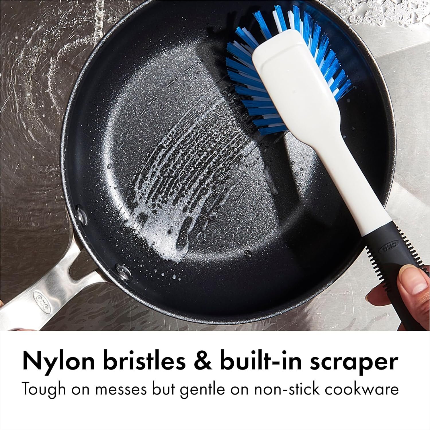 OXO Good Grips Dish Brush, Nylon Bristles with Built-in Scraper, Safe 