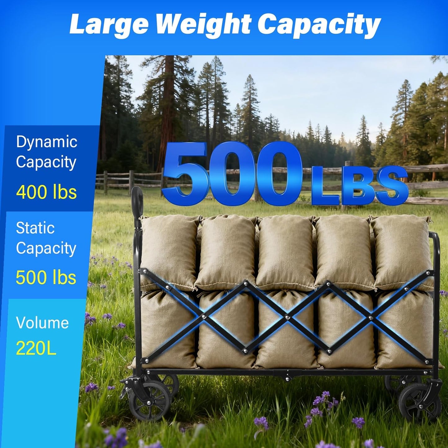 Large Folding Wagon Cart Heavy Duty, Collapsible Utility Wagon with Large Capacity and Adjustable Handle, Portable Outdoor Wagon for Camping, Sports, Beach, Gardening, Shopping and Tailgate