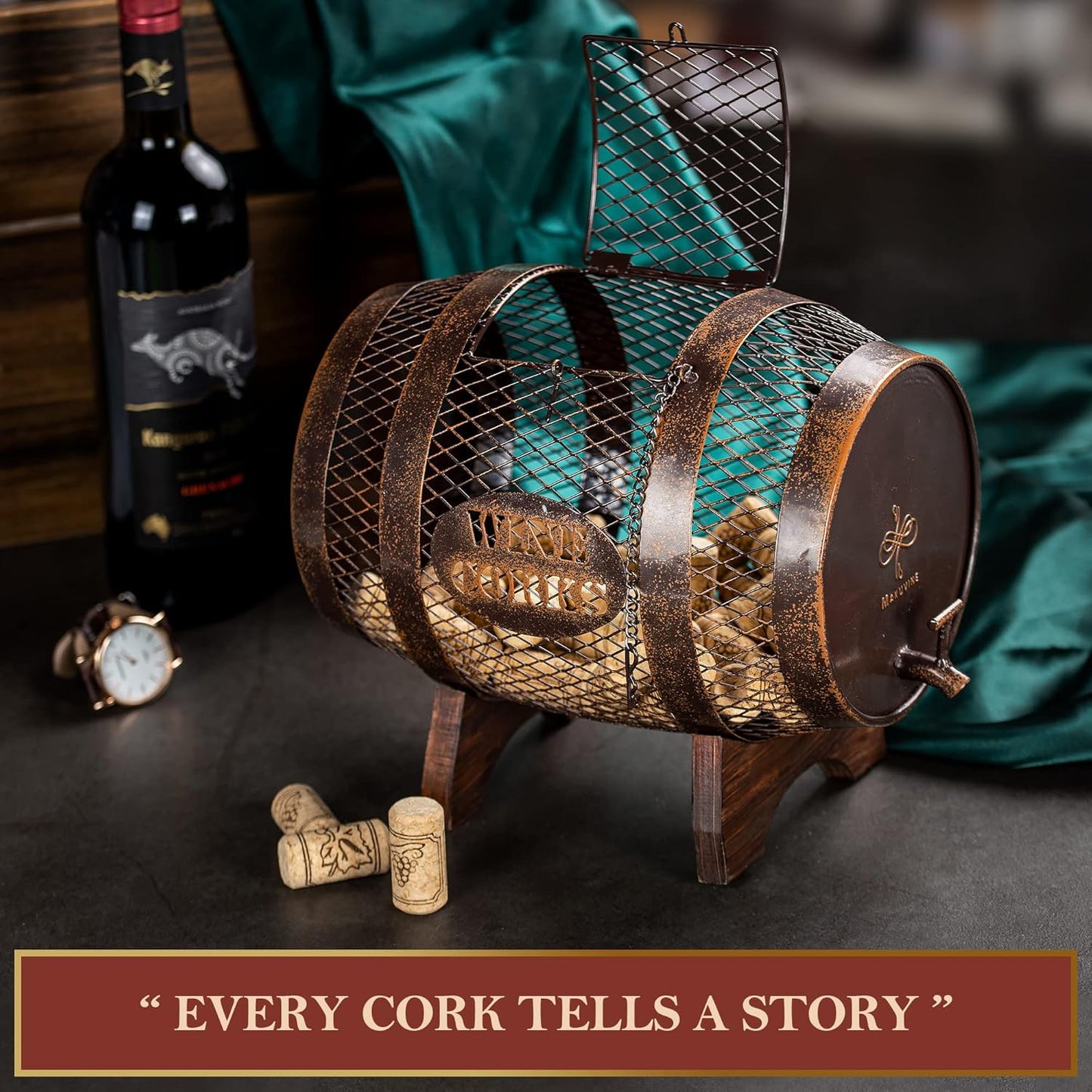 Rustic Metal Large Barrel Wine Cork Holder Display On Wooden Stand, Co