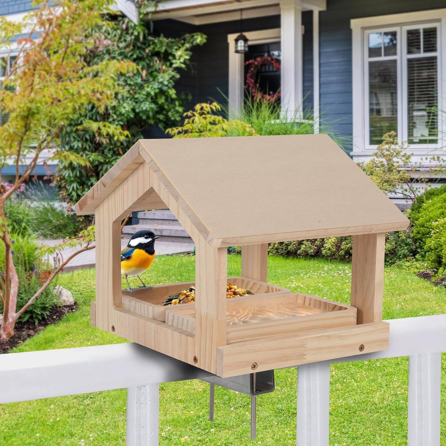 Wooden Bird Feeder with 2 Trays Metal Bracket Railing Mount Balcony Birdfeeder Large Capacity Weatherproof Platform Wild Bird Feeding House for Cardinals Finches Garden Yard Decoration