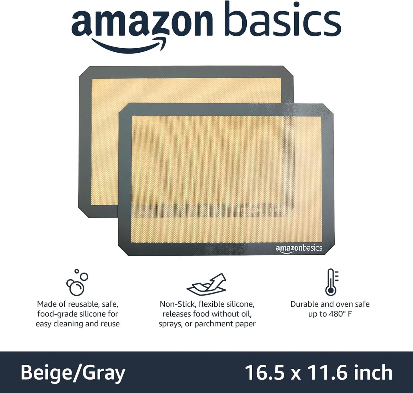 Amazon Basics Silicone Rectangular Baking Mat, Non-Stick, Reusable, Di