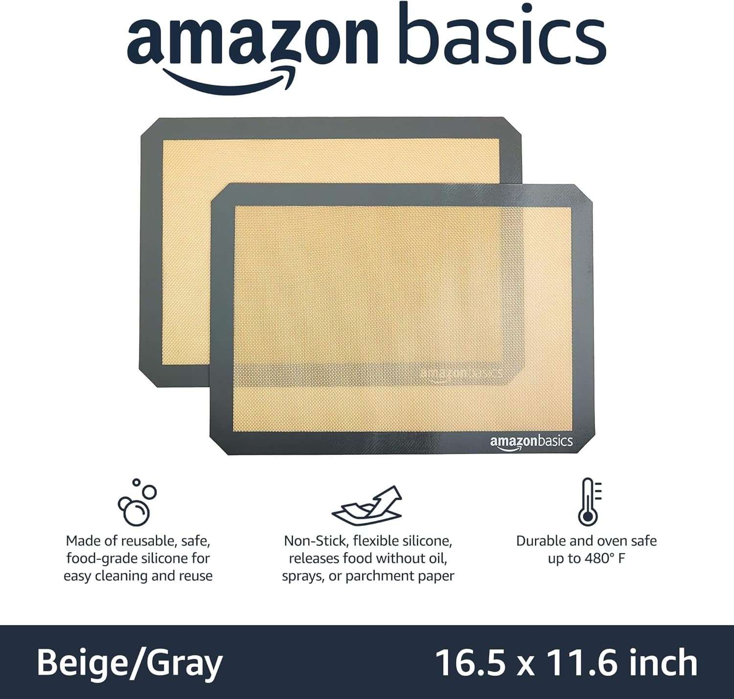 Amazon Basics Silicone Rectangular Baking Mat, Non-Stick, Reusable, Di