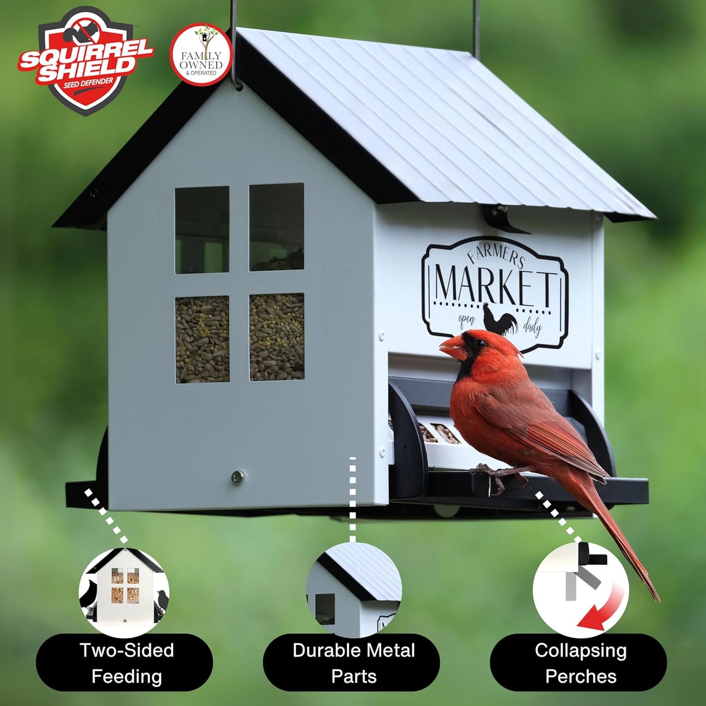 Squirrel Shield Metal Hopper Squirrel Proof Outdoor Wild Bird Seed Feeder, Hanging Bird Feeder, 2 Weight Activated Feeding Ports, Easy to Fill Roof Opening, White