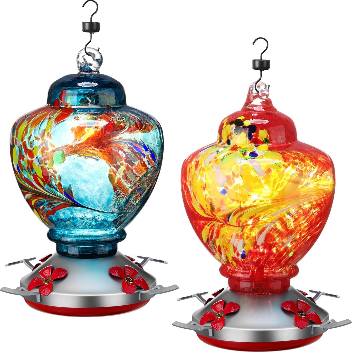 Boao 2 Pack Glass Hummingbird Feeder Set, 38 oz Large Capacity Hanging Bird Feeders with Ant Moat and 5 Feeding Ports, Decorative Garden Outdoor Feeder for Patio Yard and Garden Decor, Gifts for Mom