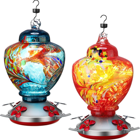 Boao 2 Pack Glass Hummingbird Feeder Set, 38 oz Large Capacity Hanging Bird Feeders with Ant Moat and 5 Feeding Ports, Decorative Garden Outdoor Feeder for Patio Yard and Garden Decor, Gifts for Mom