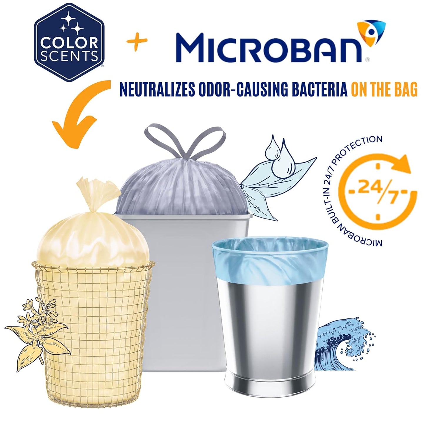 Color Scents Small Trash Bags - 4 Gallon, 60 Bags (1 Pack of 60 Count), Twist Tie - Light Blue in Ocean Mist Scent with Microban