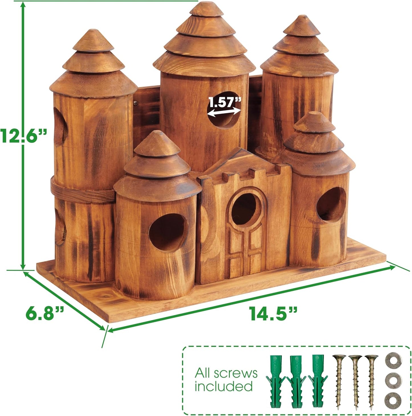 MIXUMON Wooden Bird Houses for Outside – 8 Rooms Castle-Style Bird House, Carbonized Pine Rustic Finish, 1.57" Entrance Holes, Decorative Outdoor Bird Nesting Box (Rustic, 8 Rooms)