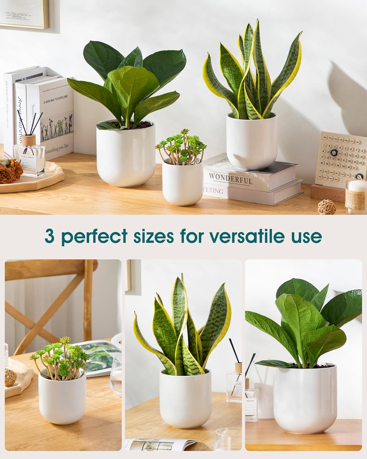 vancasso Ceramic Plant Pots, 4+5+6 inches, Set of 3, Planters with Dra