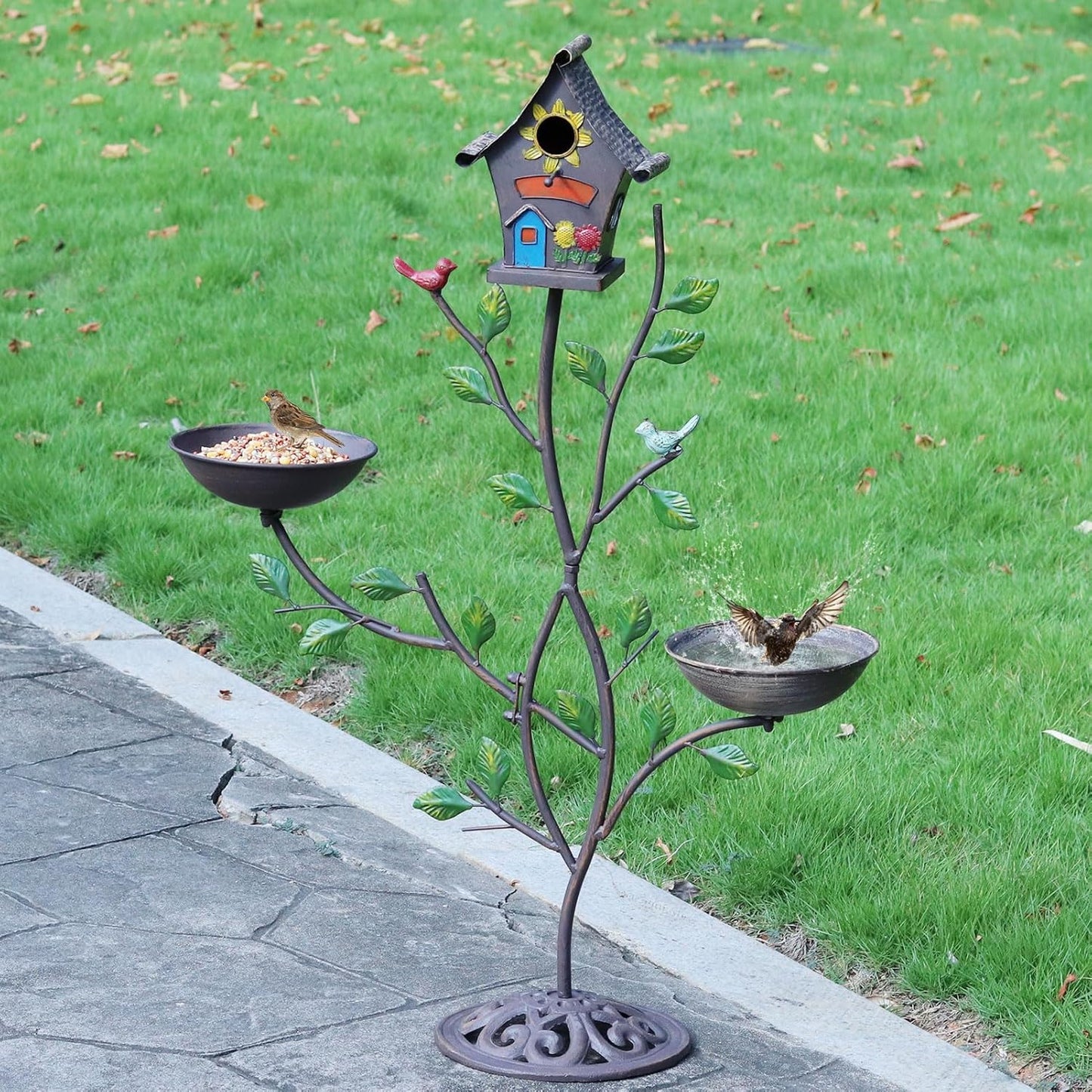 Metal Bird Houses for Outside, Bird Feeder and Bird Bath,3-in-1,Freestanding with Cast Iron Base, Outdoor Garden & Courtyard Decoration