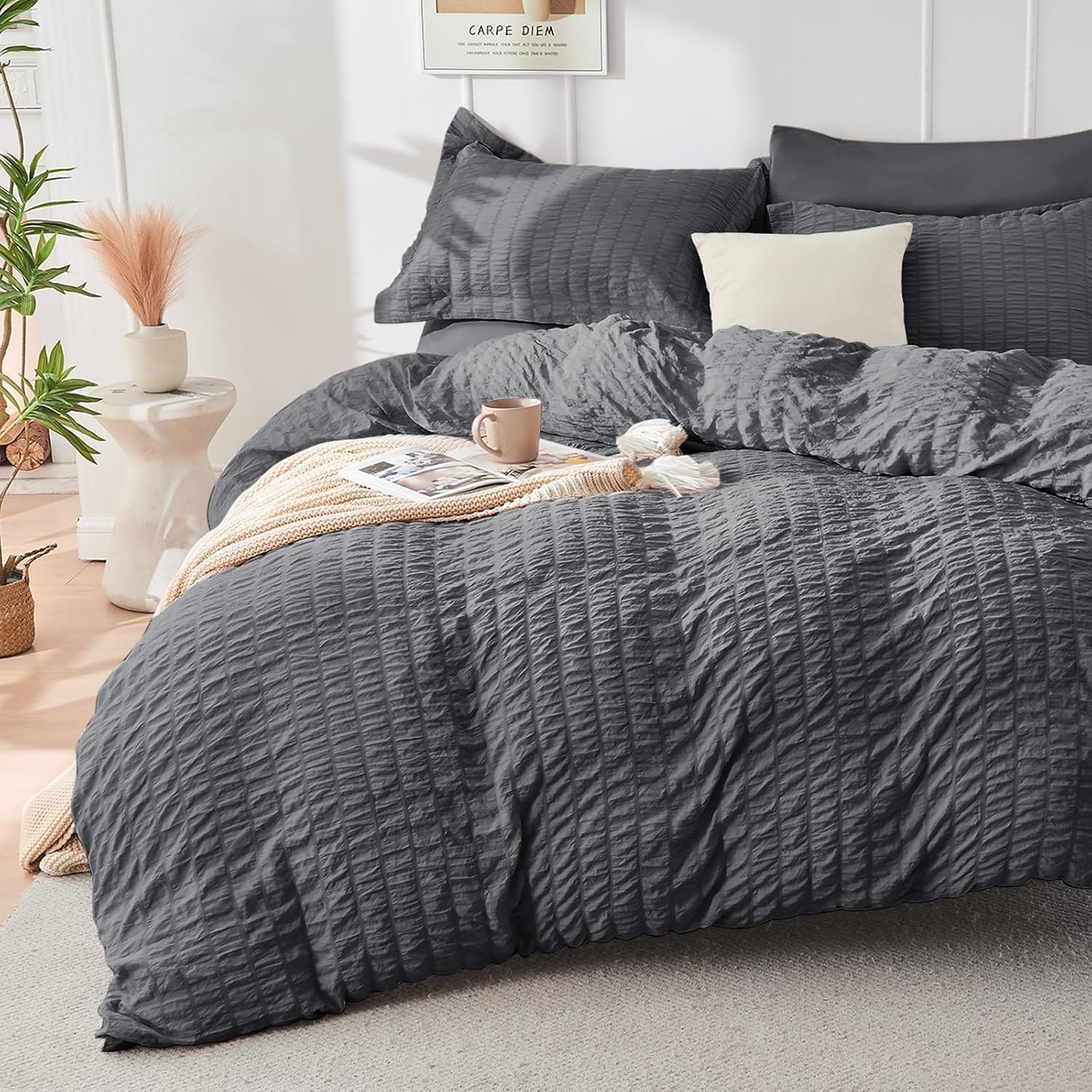 HYMOKEGE Queen Comforter Set Seersucker 7 Pieces, All Season Luxury Be