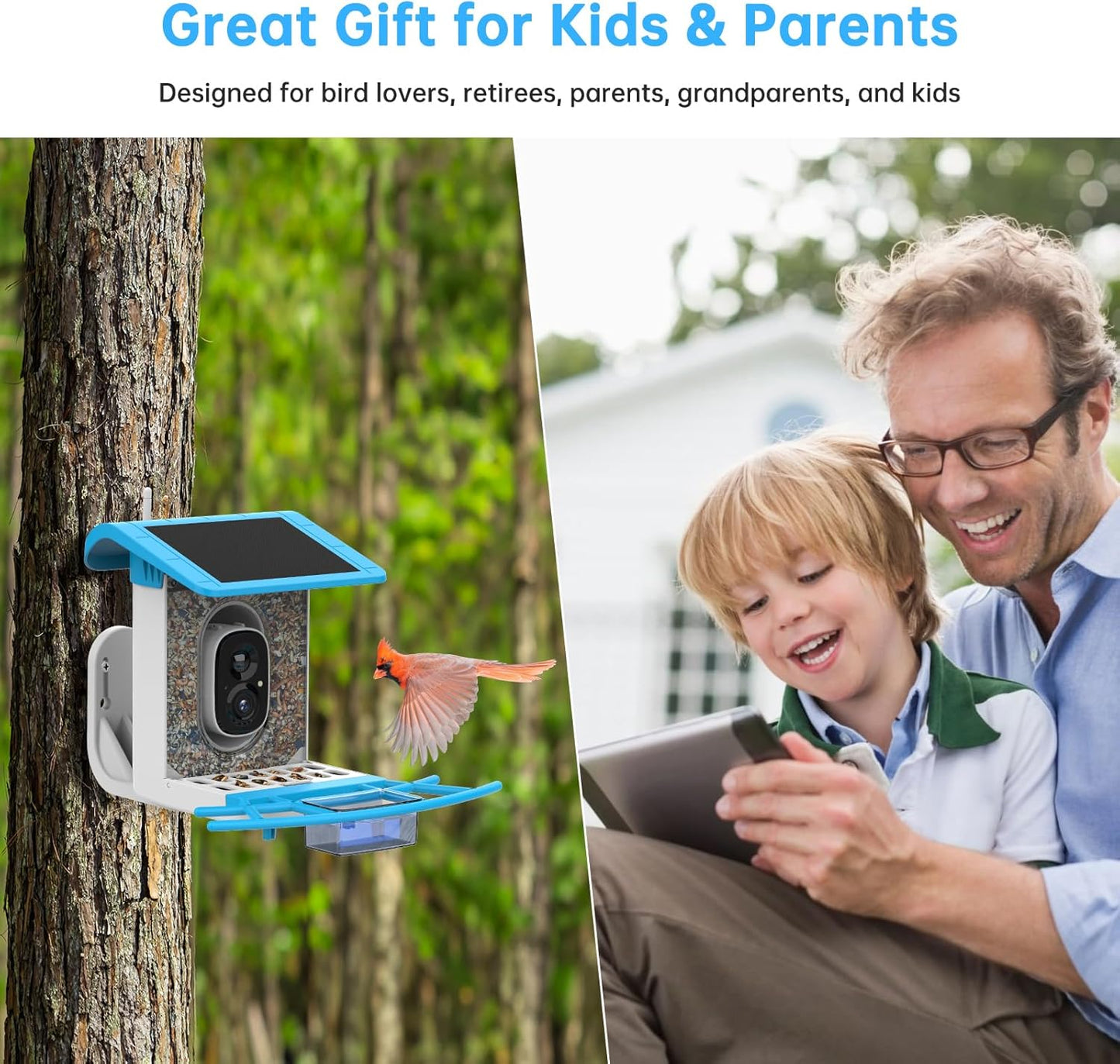 SMONET Bird Feeder with Camera B300: Smart Birdhouse Camera AI Recognition Solar Powered,Outdoor Wireless WiFi Birdfeeder Watching Live Video,Funny Birthday Gifts for Mom Mother Grandma Daughter