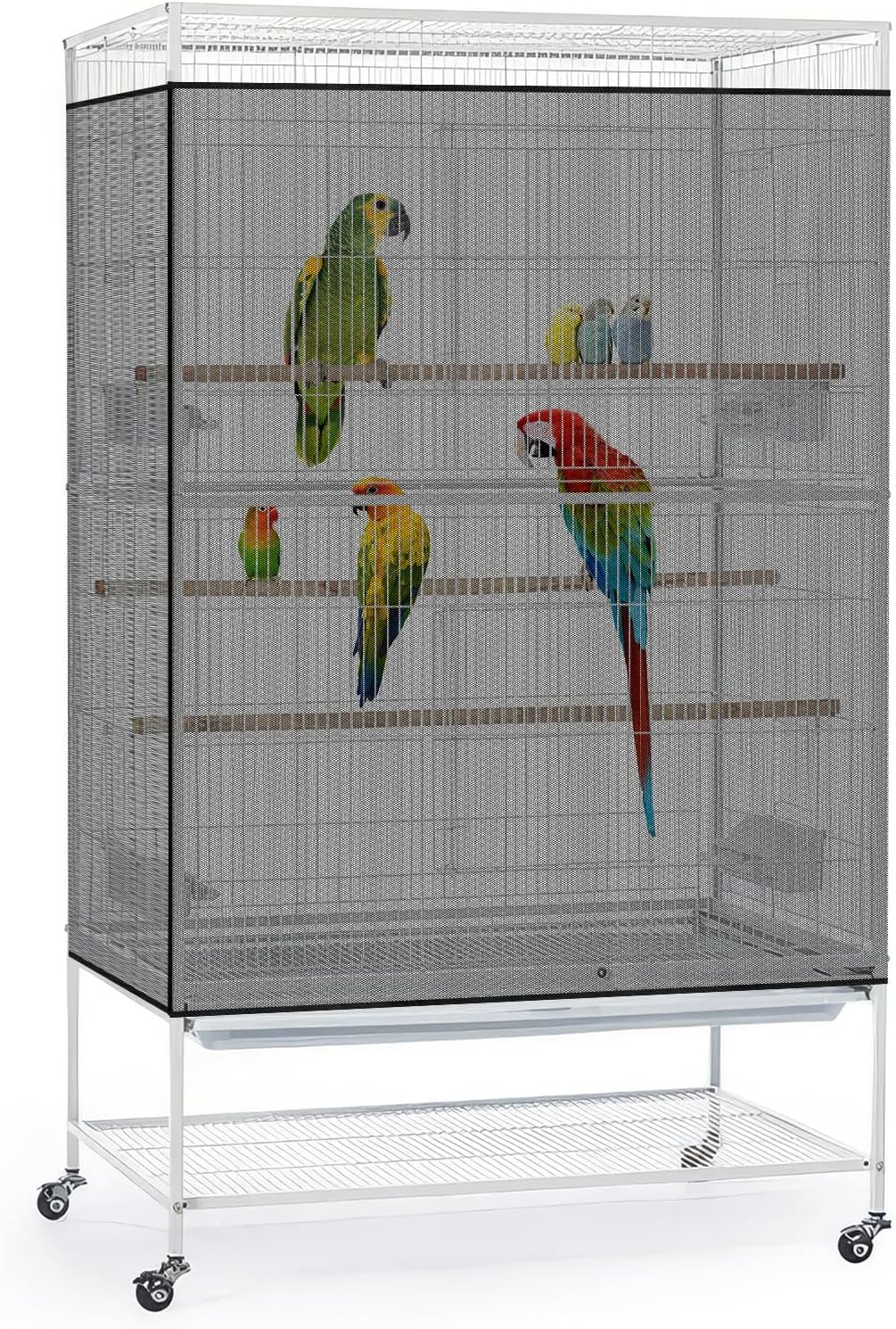 Bissap Bird Cage Seed Catcher, 90-118‘’ Universal Birdcage Net Nylon 31.8'' H Adjustable Elastic Band Stretchy Skirts Mesh Cover for Parrot Cage Seed Guard (Not Include Birdcage)- Black
