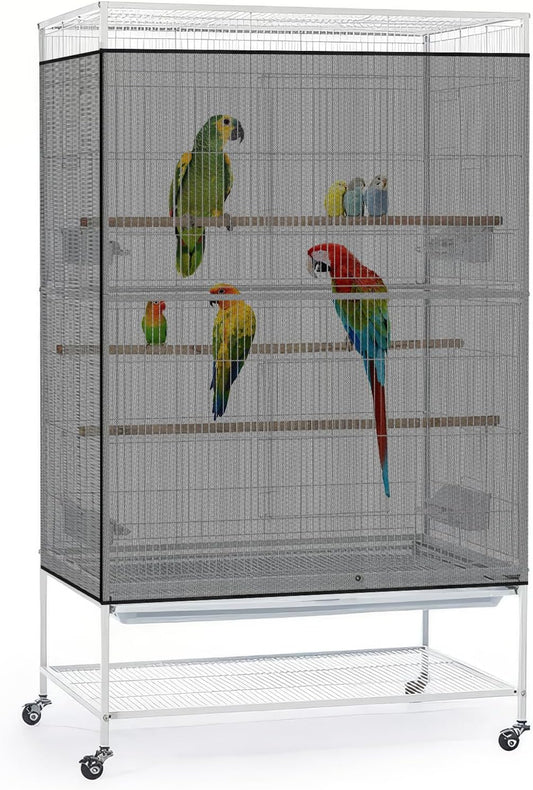 Bissap Bird Cage Seed Catcher, 90-118‘’ Universal Birdcage Net Nylon 31.8'' H Adjustable Elastic Band Stretchy Skirts Mesh Cover for Parrot Cage Seed Guard (Not Include Birdcage)- Black