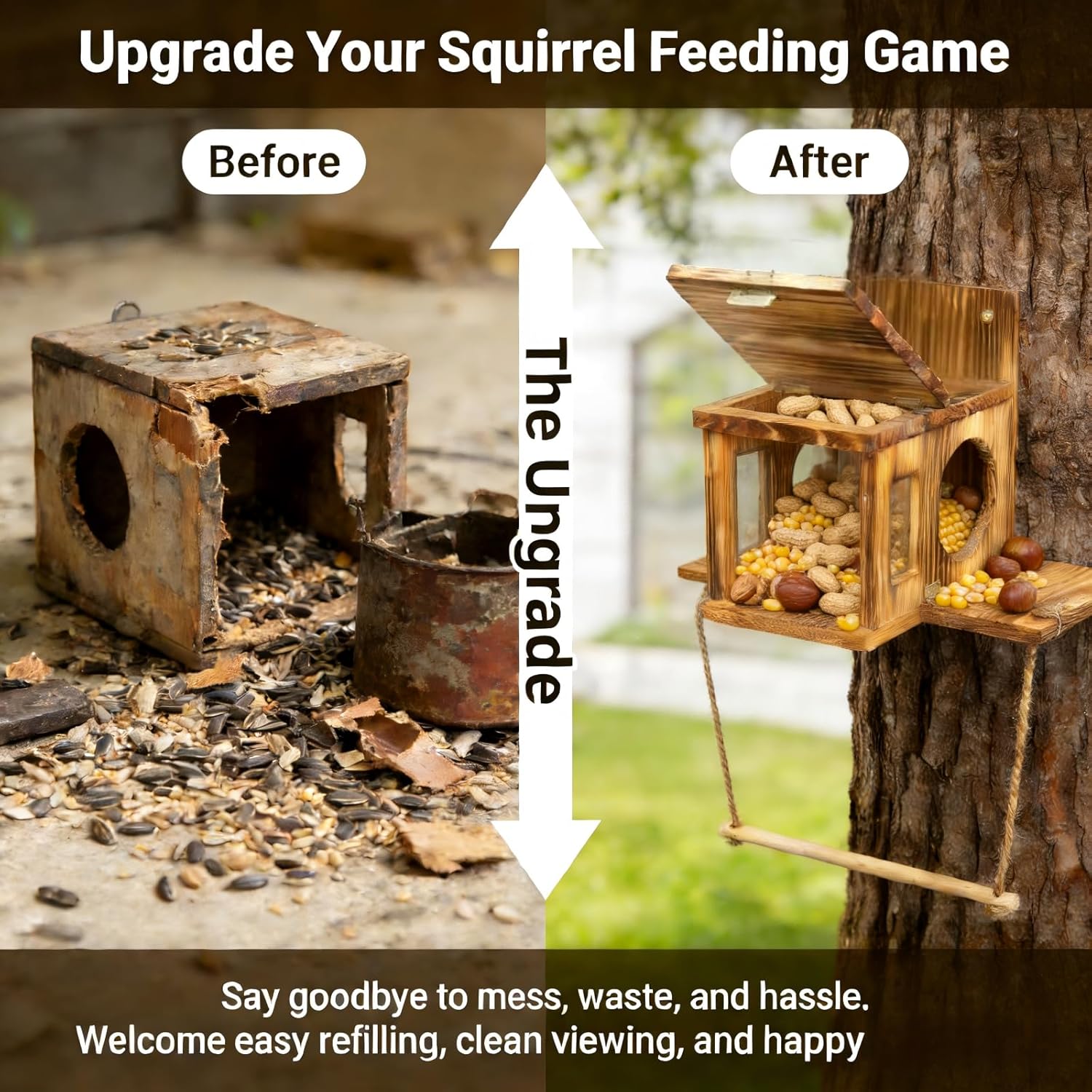 Squirrel House for Outside with Food Storage Box, Wooden Squirrels Nes