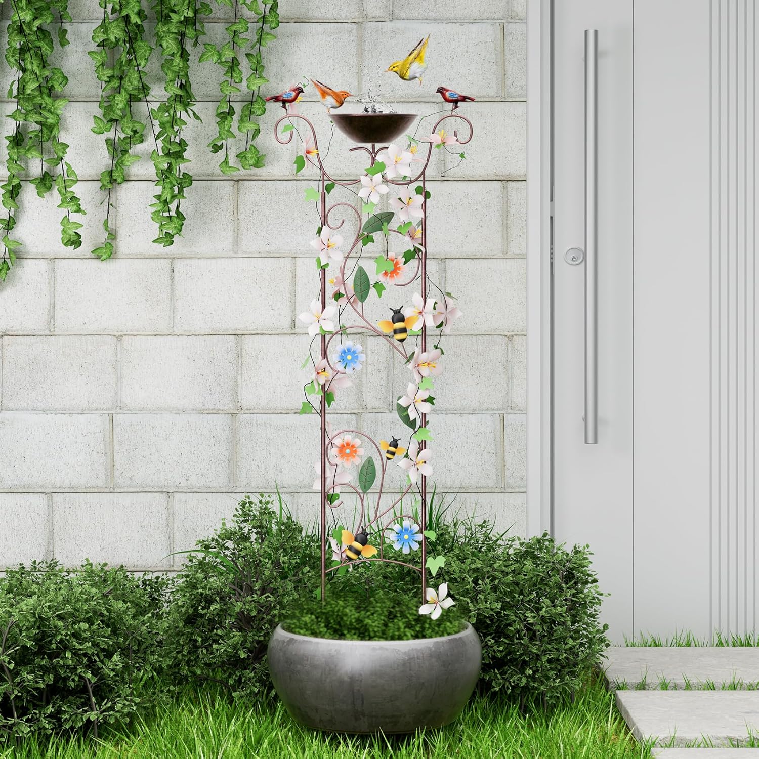 Bird Bath for Outside - Antique Iron Bird Bath with Trellis,Detachable